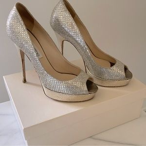 Jimmy Choo Champagne Glitter Peep Toe Platform Pump!